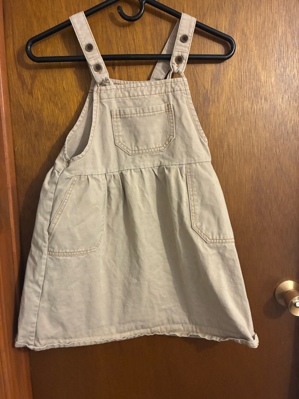 Girls Beige Overall Dress with Front Pockets